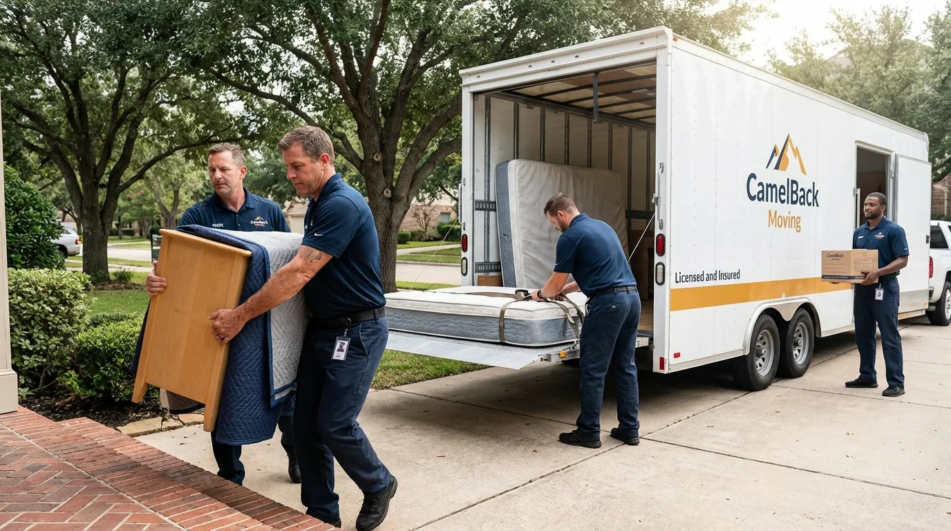 Crew loading residential truck for cross-state move from Seagraves, TX