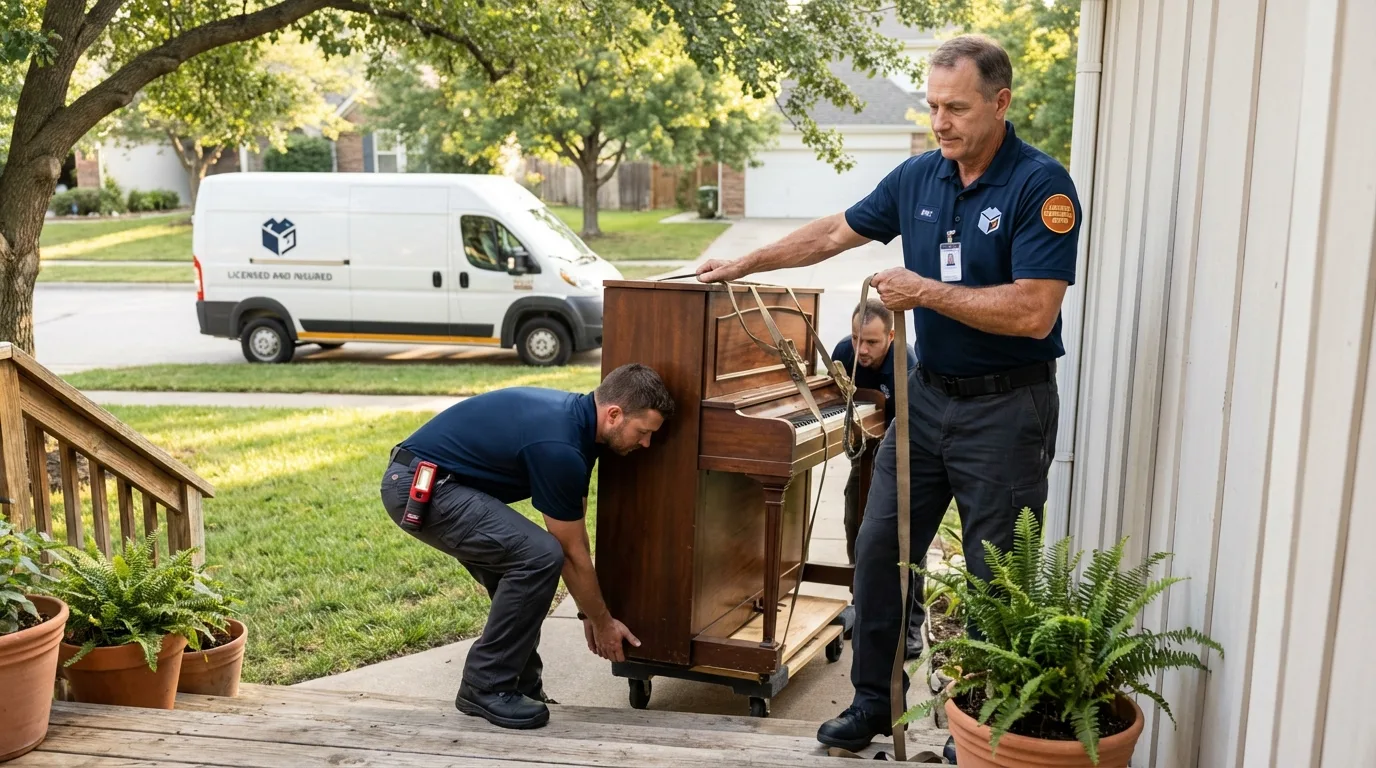 Licensed piano movers securing grand piano in Seagraves, TX