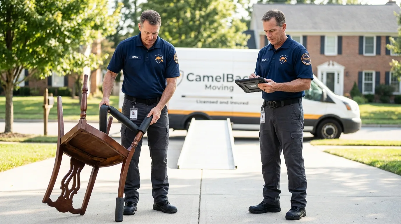 Movers inspecting furniture for damage prevention before loading in Seagraves, TX