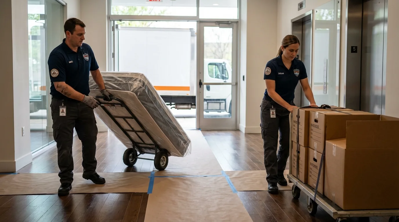 Professional apartment movers loading elevator in Seagraves, TX