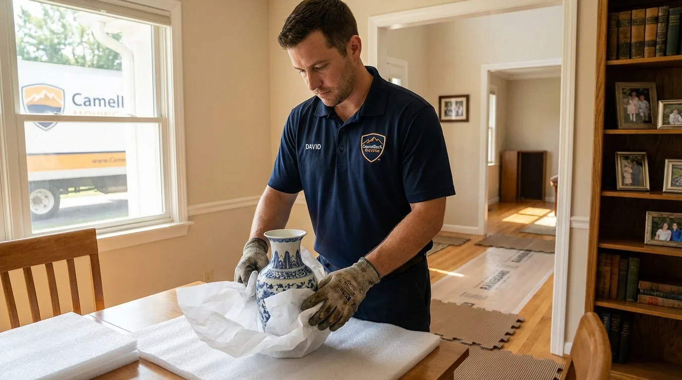 Professional crew carefully wrapping antique vase for senior downsizing move in Seagraves, TX